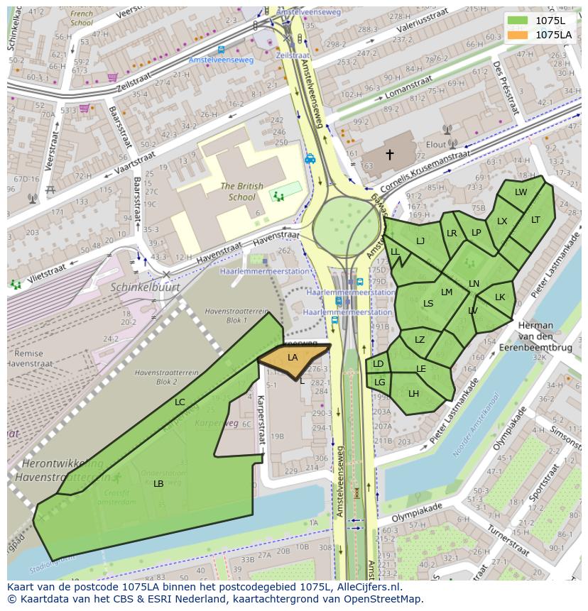 Afbeelding van het postcodegebied 1075 LA op de kaart.