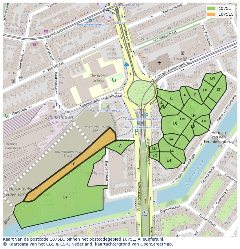 Afbeelding van het postcodegebied 1075 LC op de kaart.