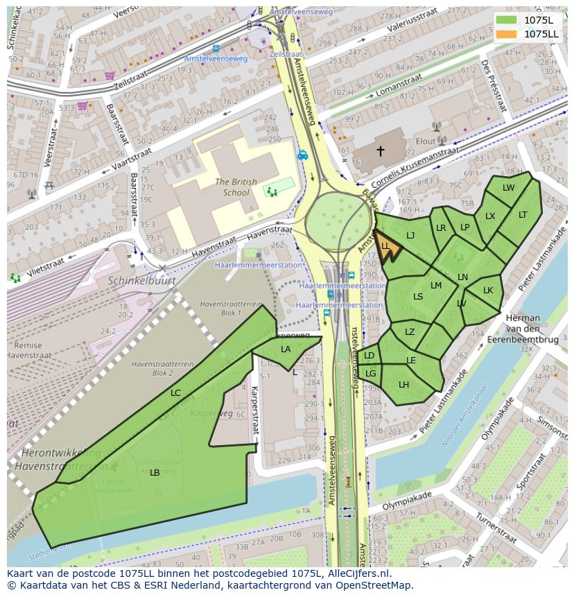 Afbeelding van het postcodegebied 1075 LL op de kaart.