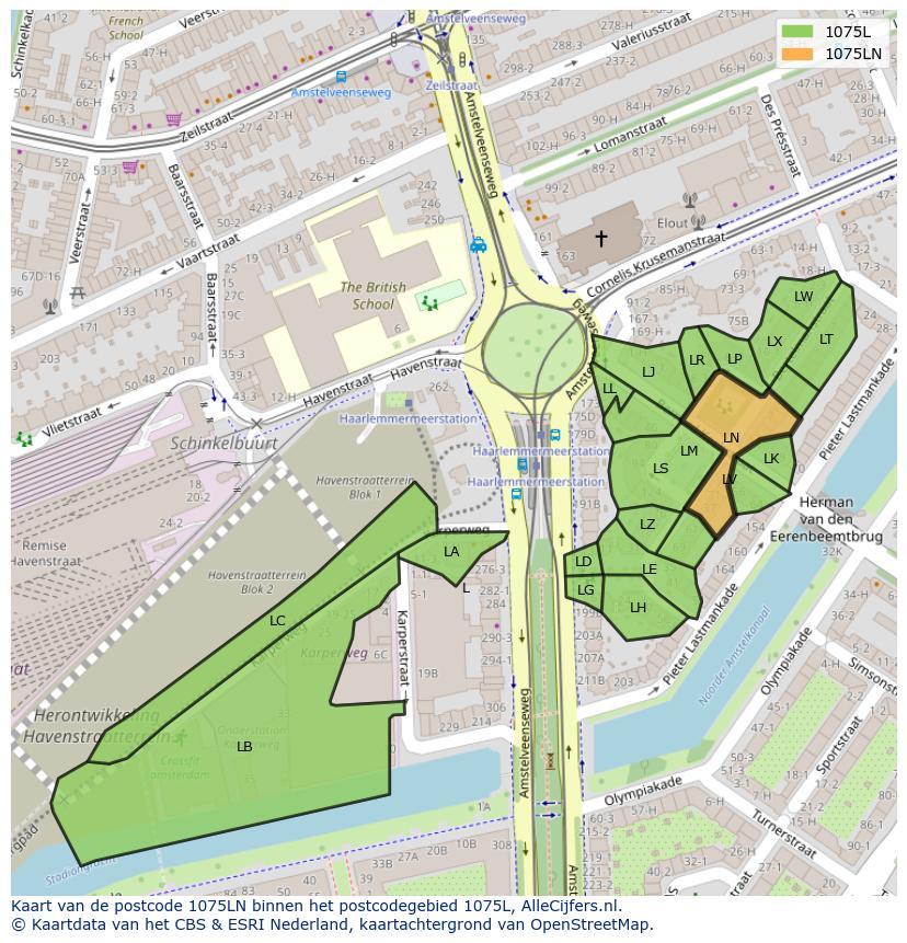 Afbeelding van het postcodegebied 1075 LN op de kaart.
