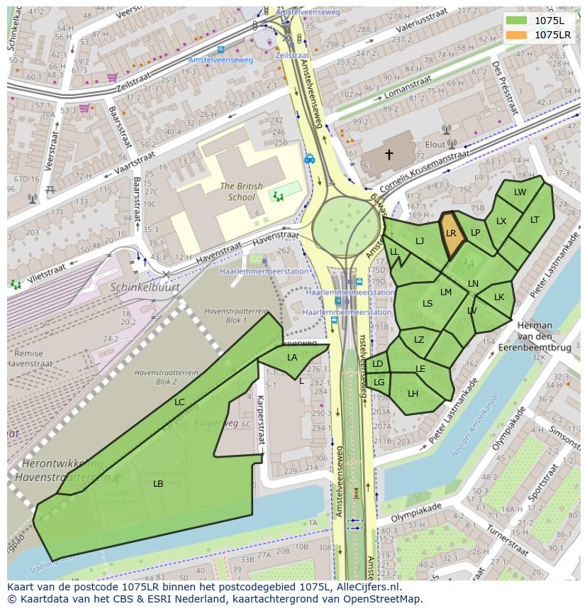 Afbeelding van het postcodegebied 1075 LR op de kaart.