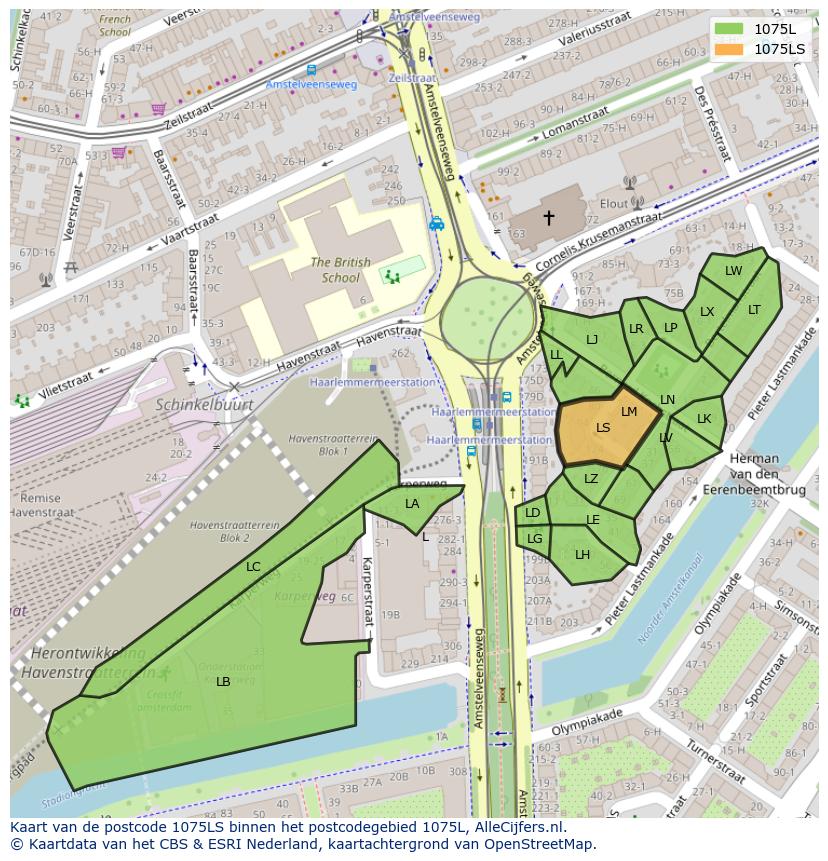 Afbeelding van het postcodegebied 1075 LS op de kaart.