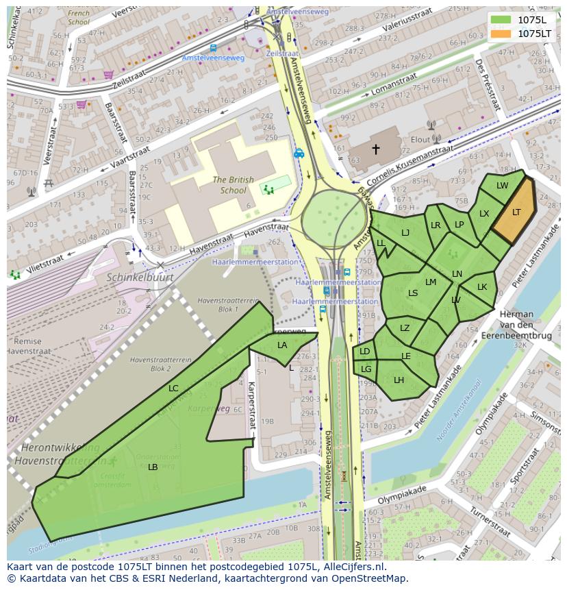 Afbeelding van het postcodegebied 1075 LT op de kaart.