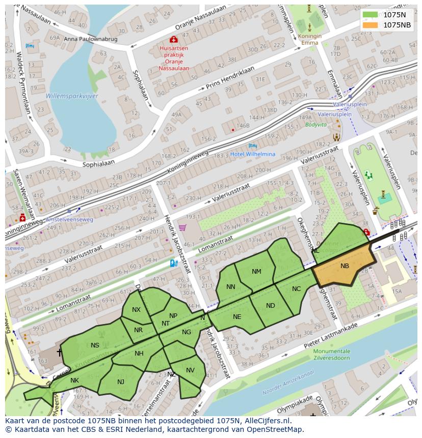 Afbeelding van het postcodegebied 1075 NB op de kaart.