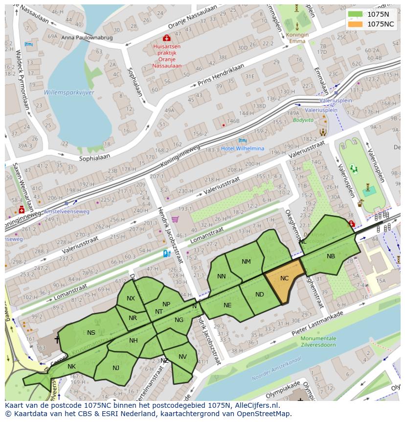 Afbeelding van het postcodegebied 1075 NC op de kaart.