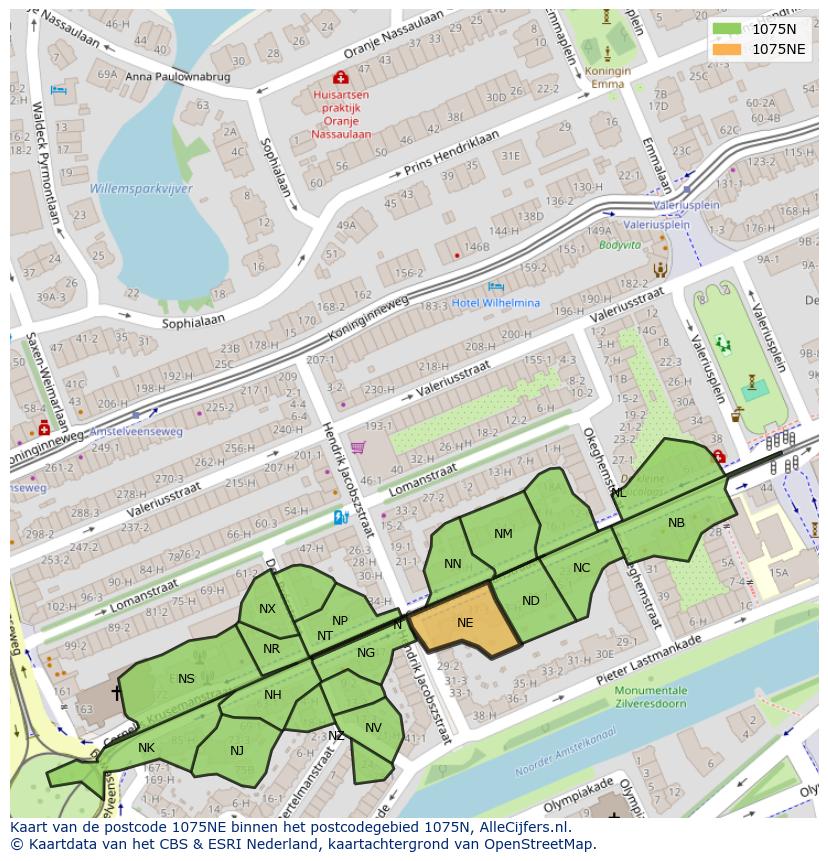 Afbeelding van het postcodegebied 1075 NE op de kaart.