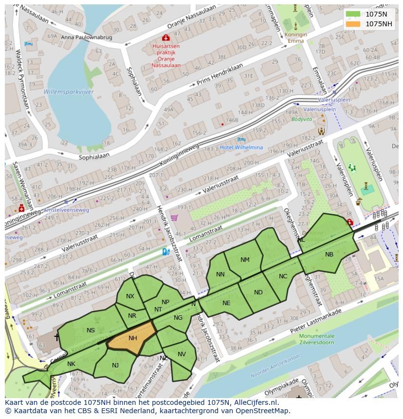 Afbeelding van het postcodegebied 1075 NH op de kaart.