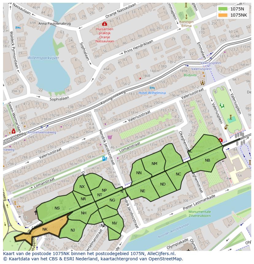 Afbeelding van het postcodegebied 1075 NK op de kaart.