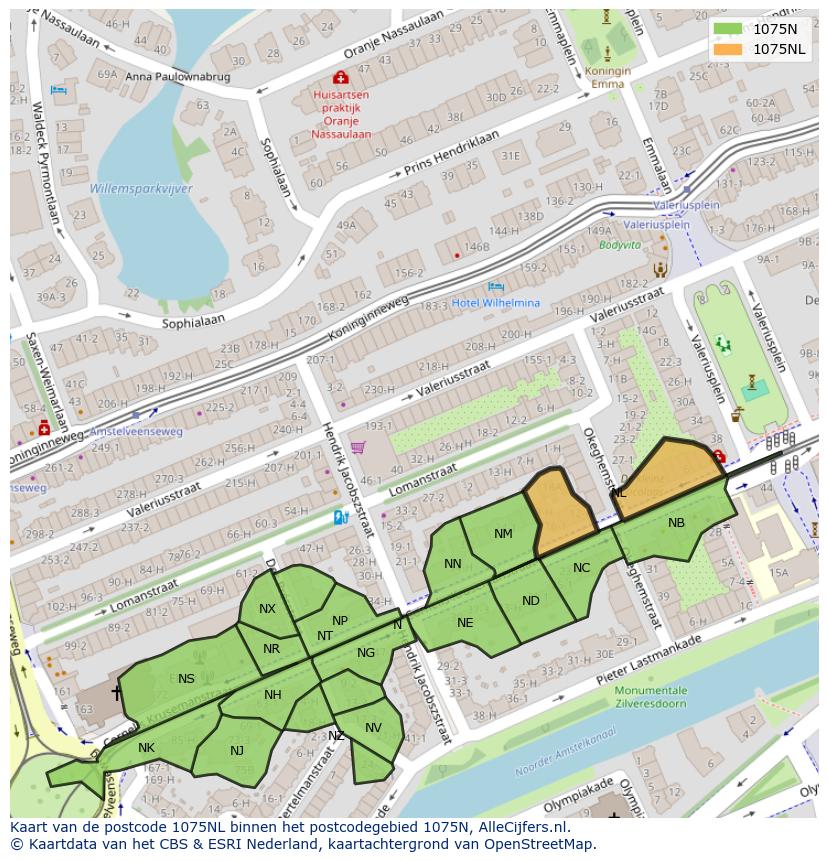 Afbeelding van het postcodegebied 1075 NL op de kaart.