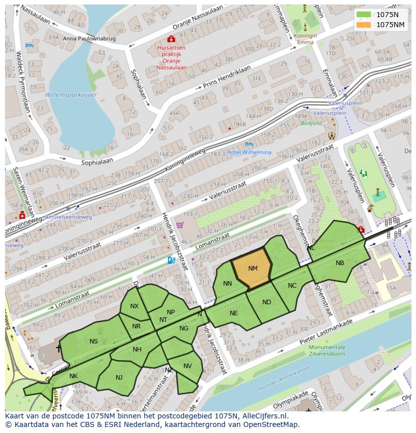 Afbeelding van het postcodegebied 1075 NM op de kaart.