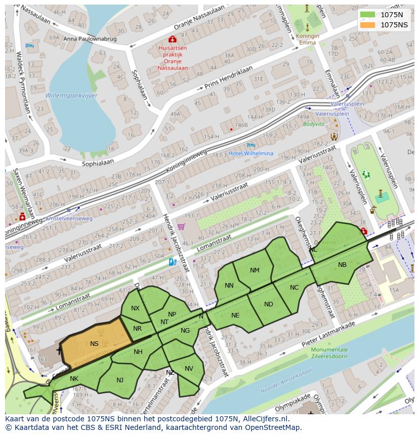 Afbeelding van het postcodegebied 1075 NS op de kaart.