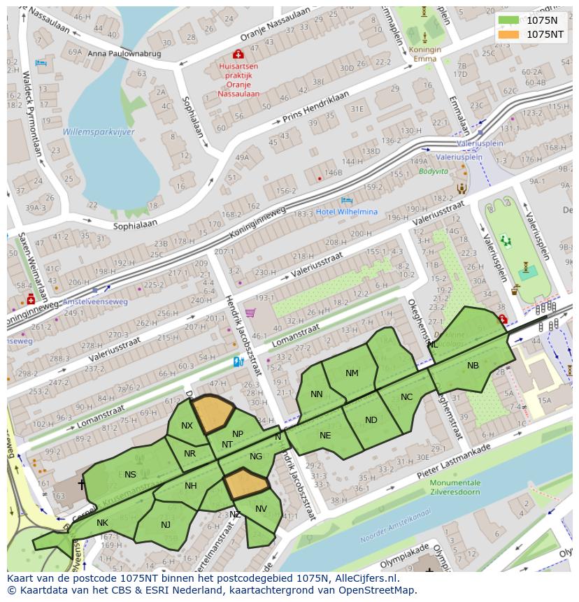 Afbeelding van het postcodegebied 1075 NT op de kaart.