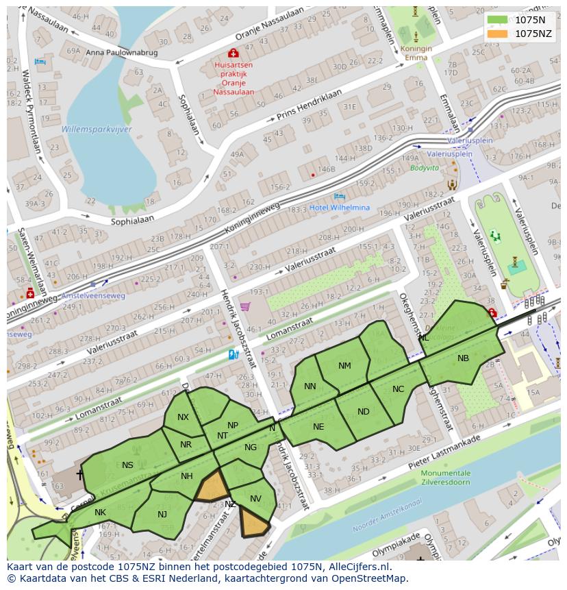 Afbeelding van het postcodegebied 1075 NZ op de kaart.