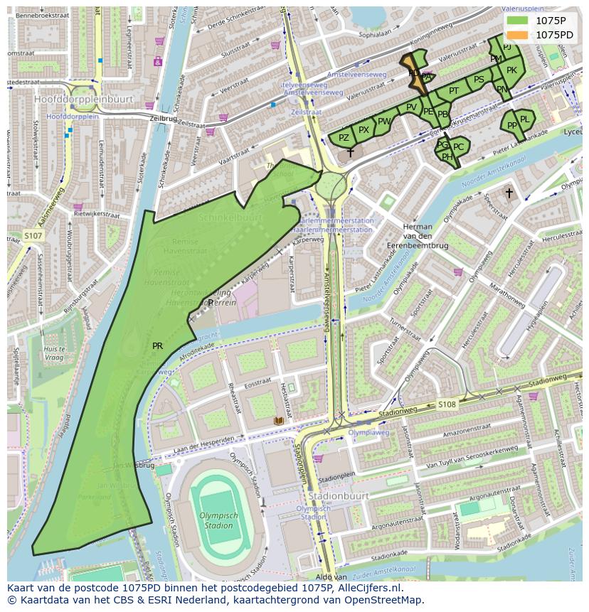 Afbeelding van het postcodegebied 1075 PD op de kaart.
