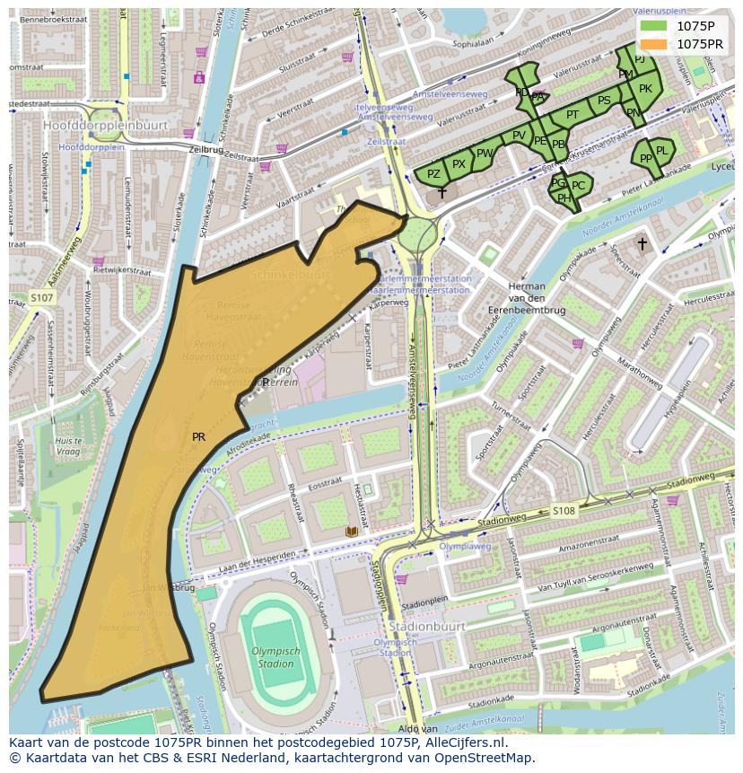 Afbeelding van het postcodegebied 1075 PR op de kaart.