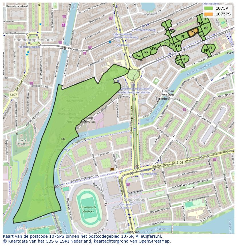 Afbeelding van het postcodegebied 1075 PS op de kaart.
