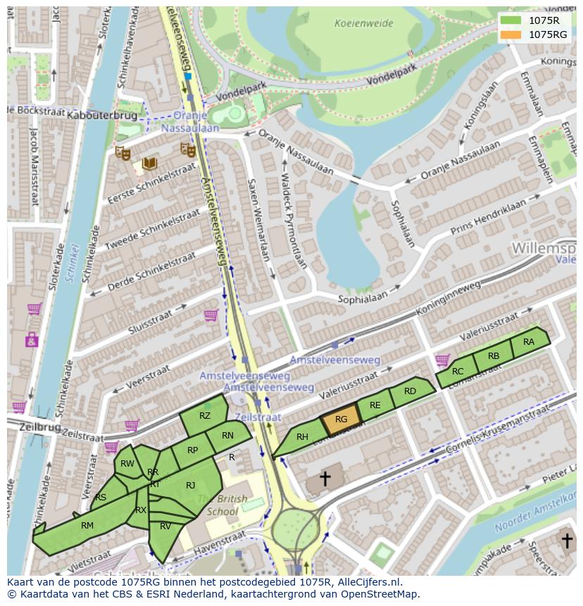 Afbeelding van het postcodegebied 1075 RG op de kaart.