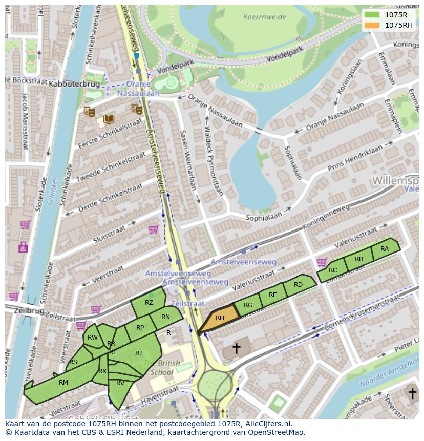 Afbeelding van het postcodegebied 1075 RH op de kaart.