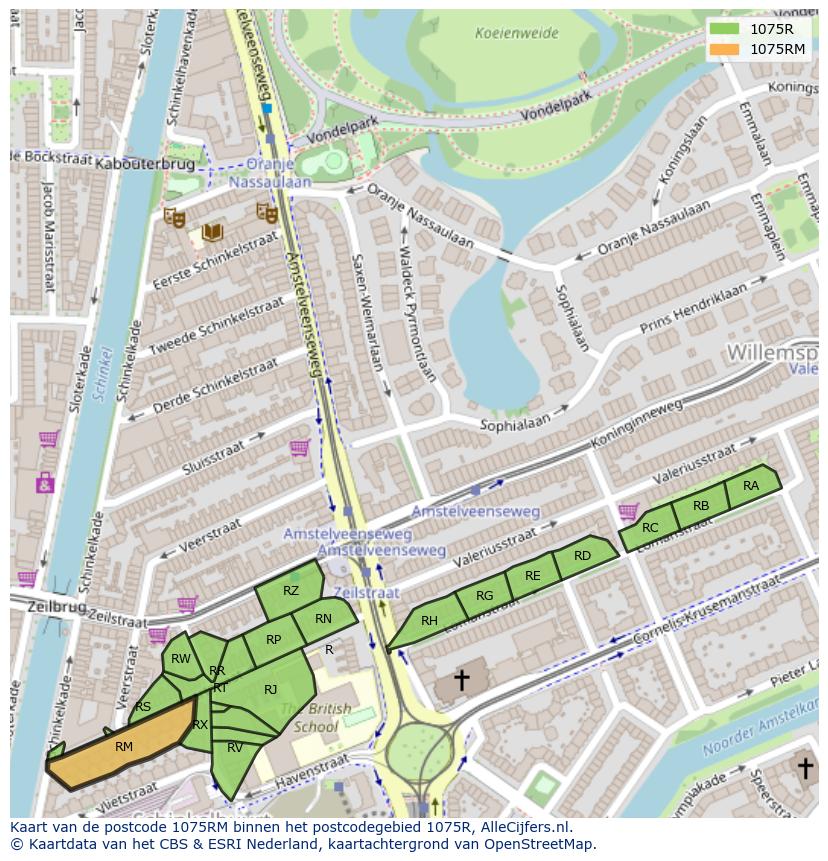 Afbeelding van het postcodegebied 1075 RM op de kaart.