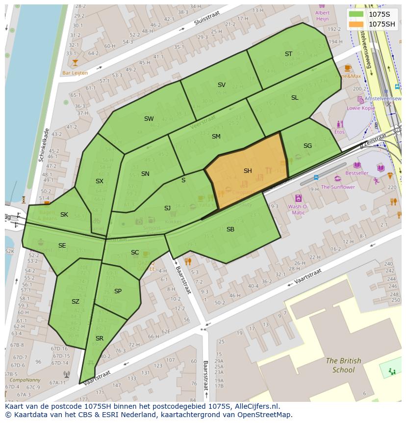 Afbeelding van het postcodegebied 1075 SH op de kaart.