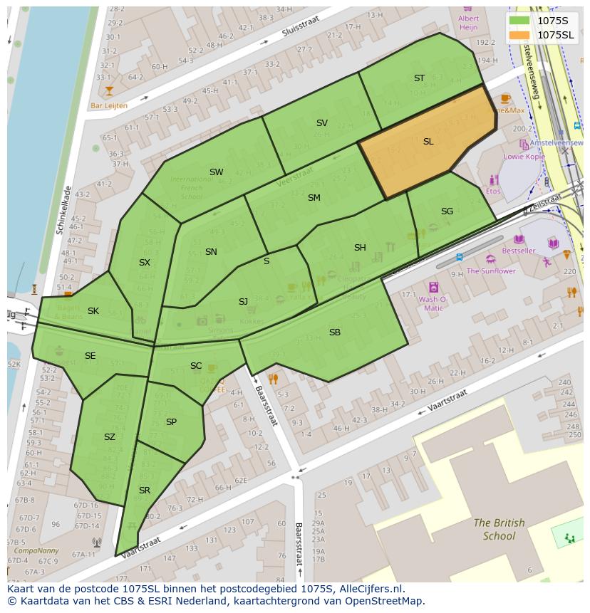 Afbeelding van het postcodegebied 1075 SL op de kaart.