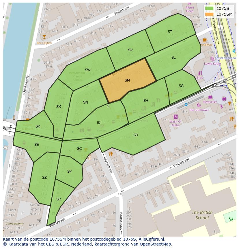 Afbeelding van het postcodegebied 1075 SM op de kaart.