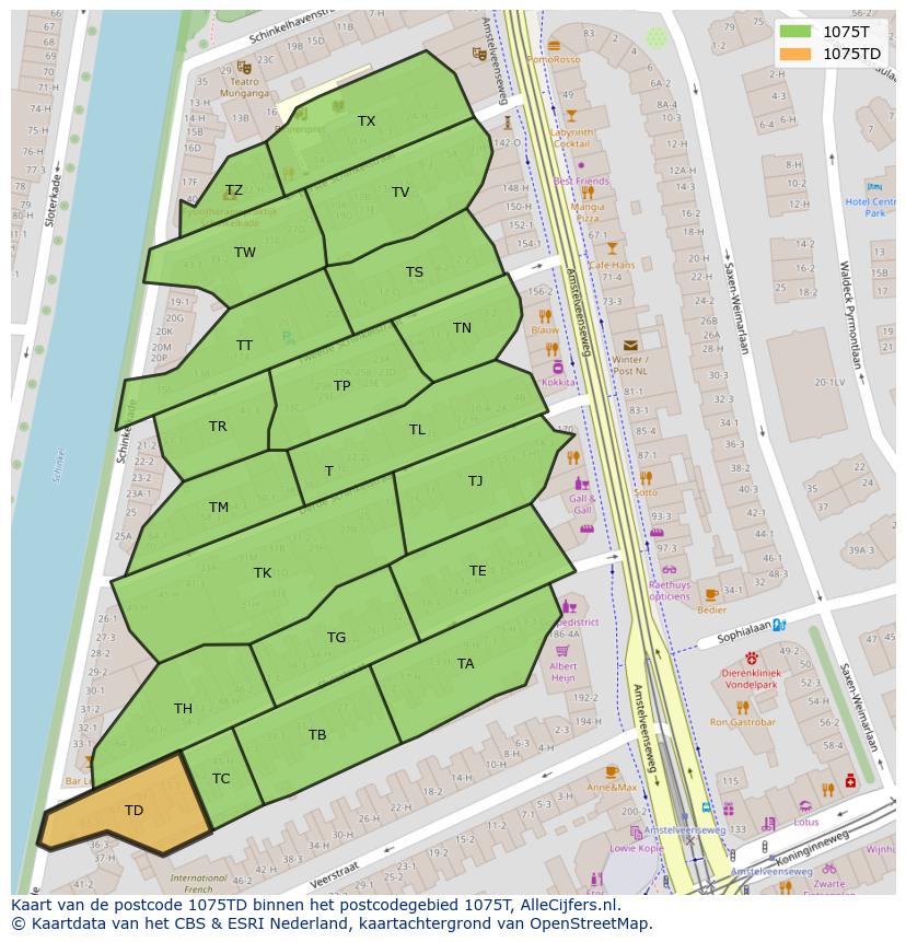 Afbeelding van het postcodegebied 1075 TD op de kaart.
