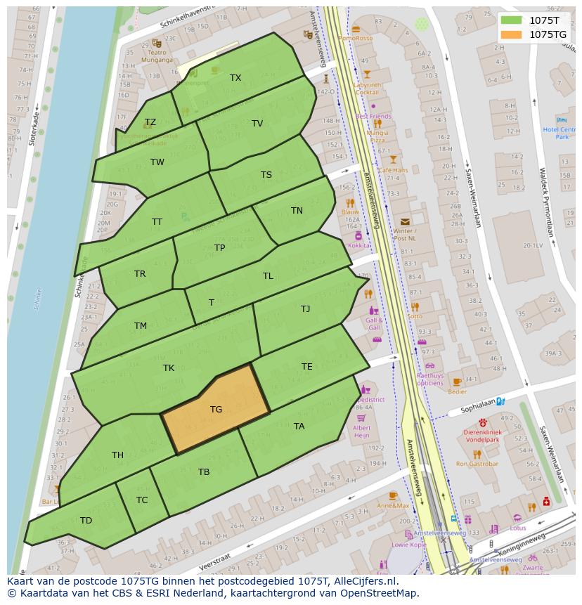 Afbeelding van het postcodegebied 1075 TG op de kaart.