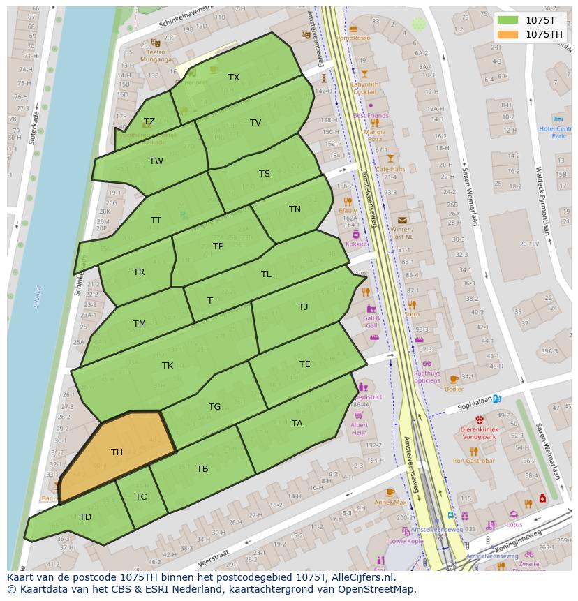 Afbeelding van het postcodegebied 1075 TH op de kaart.