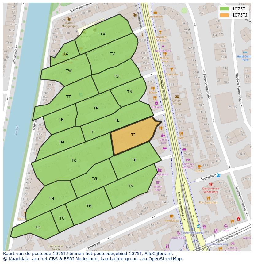 Afbeelding van het postcodegebied 1075 TJ op de kaart.