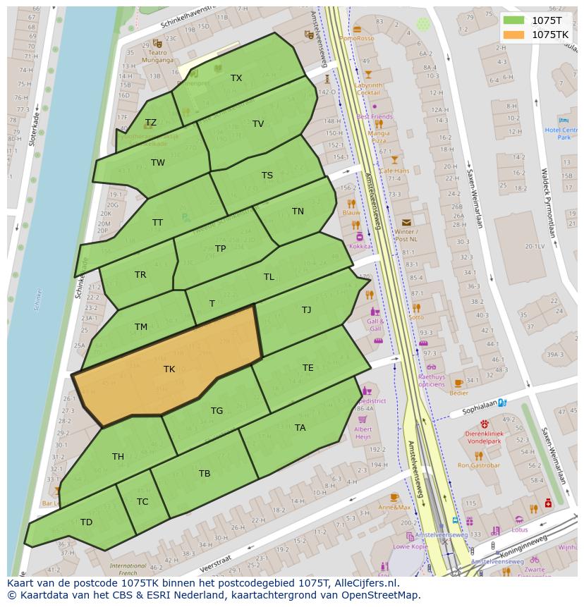 Afbeelding van het postcodegebied 1075 TK op de kaart.