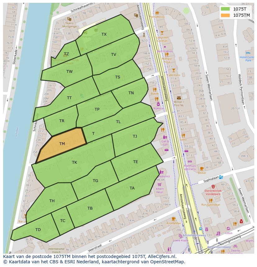 Afbeelding van het postcodegebied 1075 TM op de kaart.