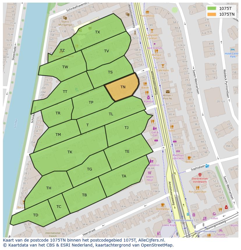 Afbeelding van het postcodegebied 1075 TN op de kaart.