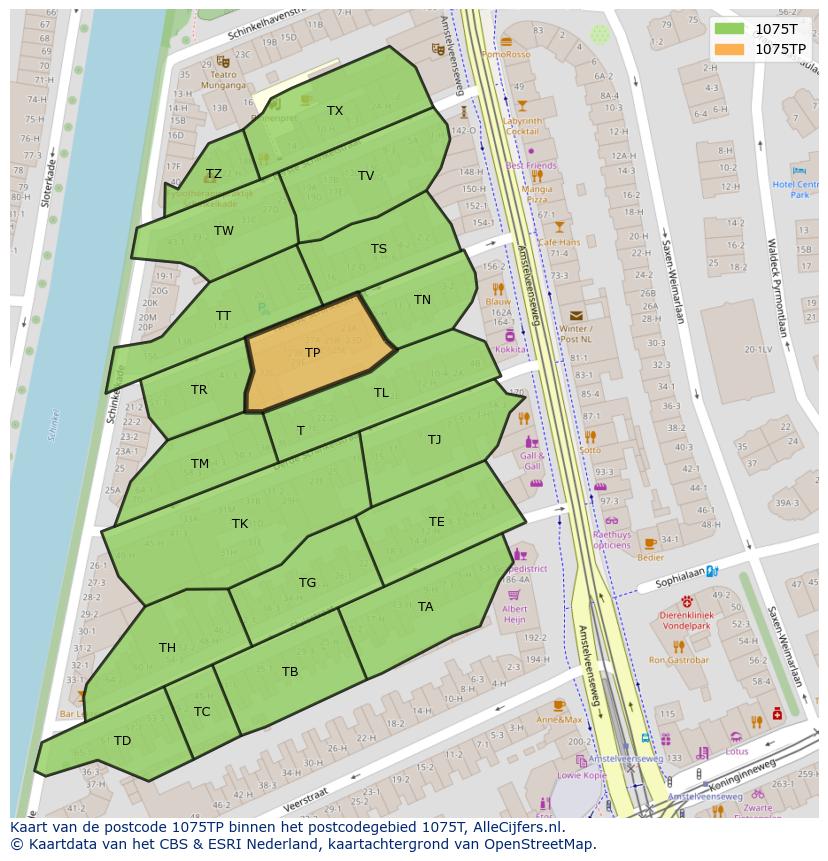 Afbeelding van het postcodegebied 1075 TP op de kaart.