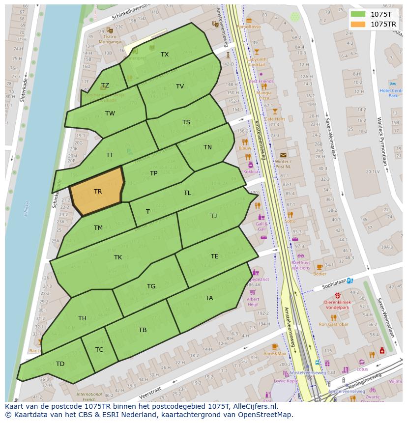 Afbeelding van het postcodegebied 1075 TR op de kaart.