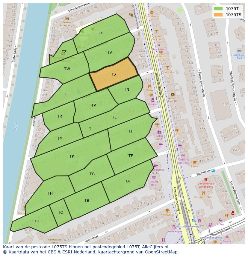 Afbeelding van het postcodegebied 1075 TS op de kaart.