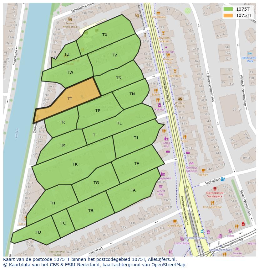 Afbeelding van het postcodegebied 1075 TT op de kaart.