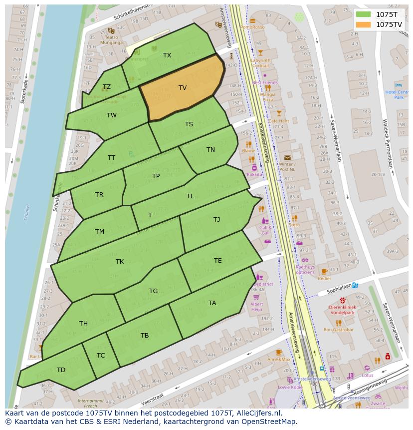 Afbeelding van het postcodegebied 1075 TV op de kaart.