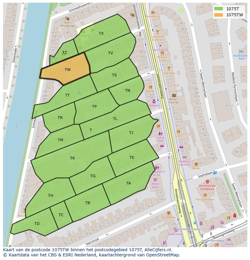 Afbeelding van het postcodegebied 1075 TW op de kaart.