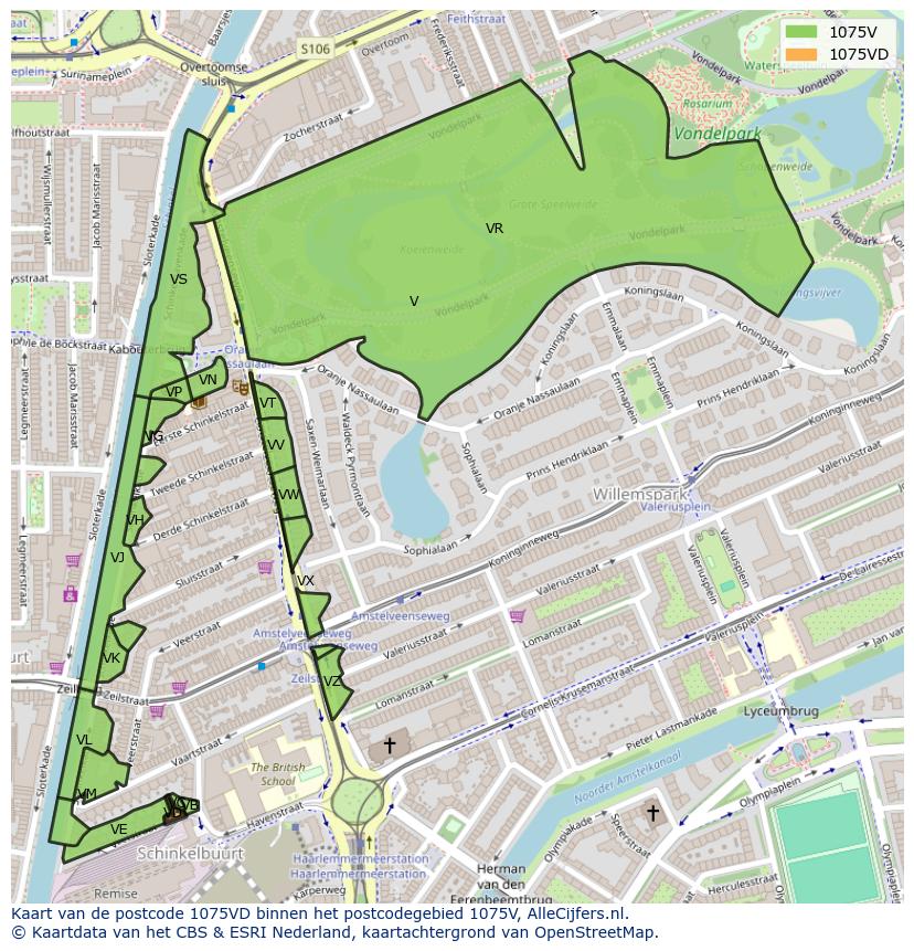 Afbeelding van het postcodegebied 1075 VD op de kaart.