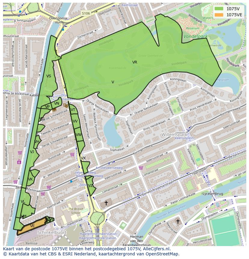 Afbeelding van het postcodegebied 1075 VE op de kaart.