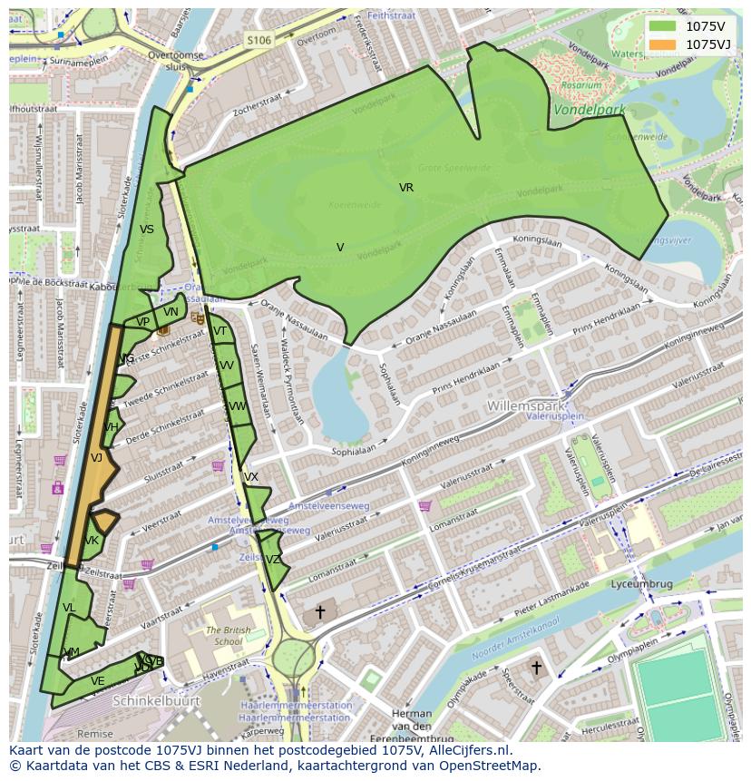 Afbeelding van het postcodegebied 1075 VJ op de kaart.