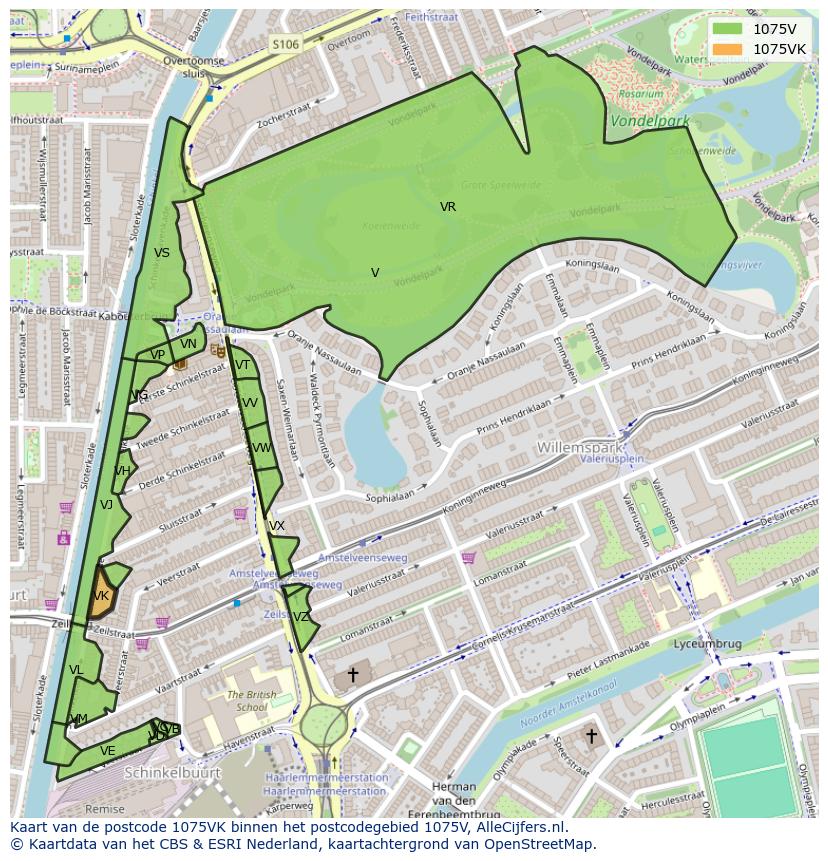 Afbeelding van het postcodegebied 1075 VK op de kaart.