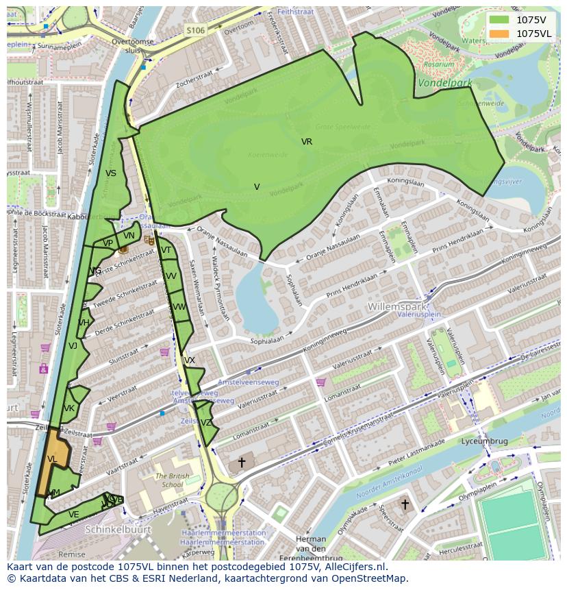 Afbeelding van het postcodegebied 1075 VL op de kaart.