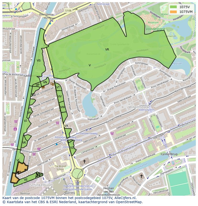 Afbeelding van het postcodegebied 1075 VM op de kaart.