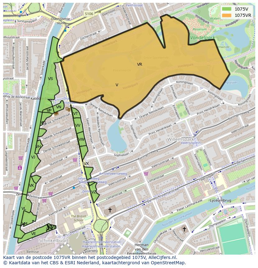 Afbeelding van het postcodegebied 1075 VR op de kaart.