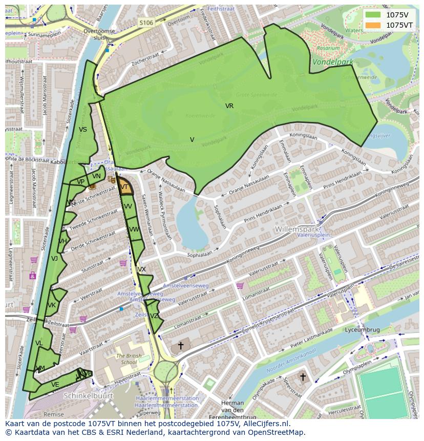 Afbeelding van het postcodegebied 1075 VT op de kaart.