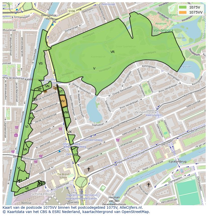 Afbeelding van het postcodegebied 1075 VV op de kaart.