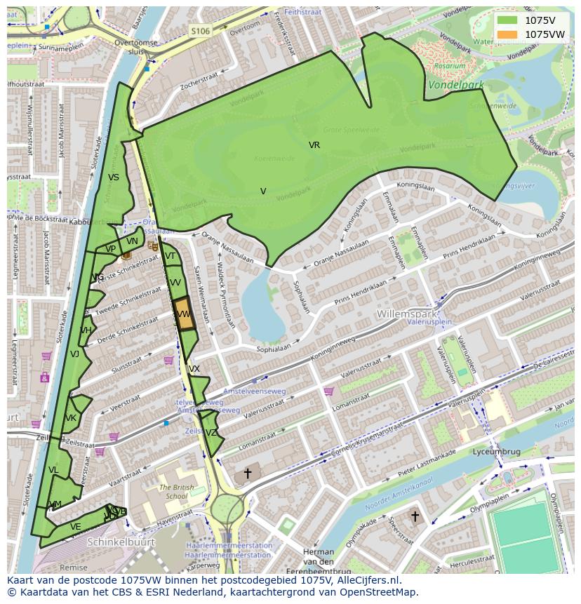 Afbeelding van het postcodegebied 1075 VW op de kaart.