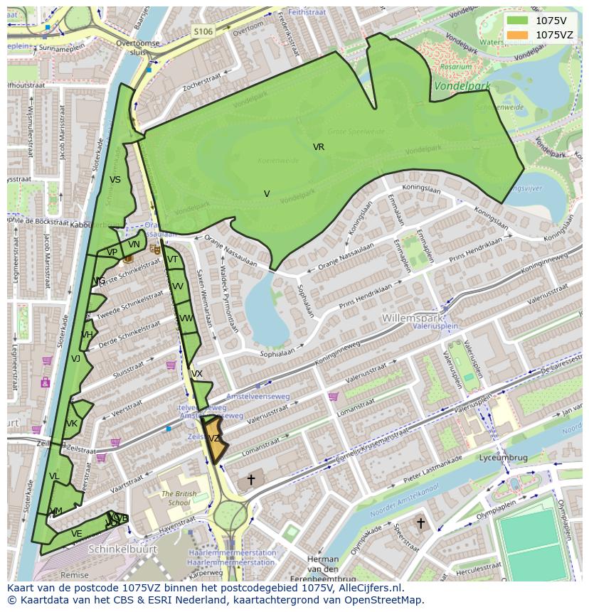 Afbeelding van het postcodegebied 1075 VZ op de kaart.